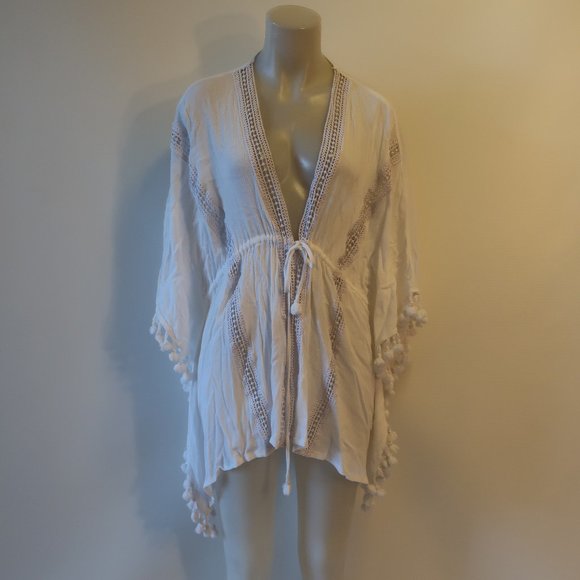 Womens Michael Stars White Crochet Trim Pom Pom Swim Coverup  O/S * - Picture 1 of 6